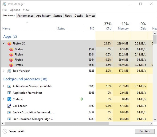 The 'Performance' page of the task manager is stuck, unable to display real-time content 257208d1575125603t-firefox-displayed-too-many-times-task-manager-firefox-processes.jpg