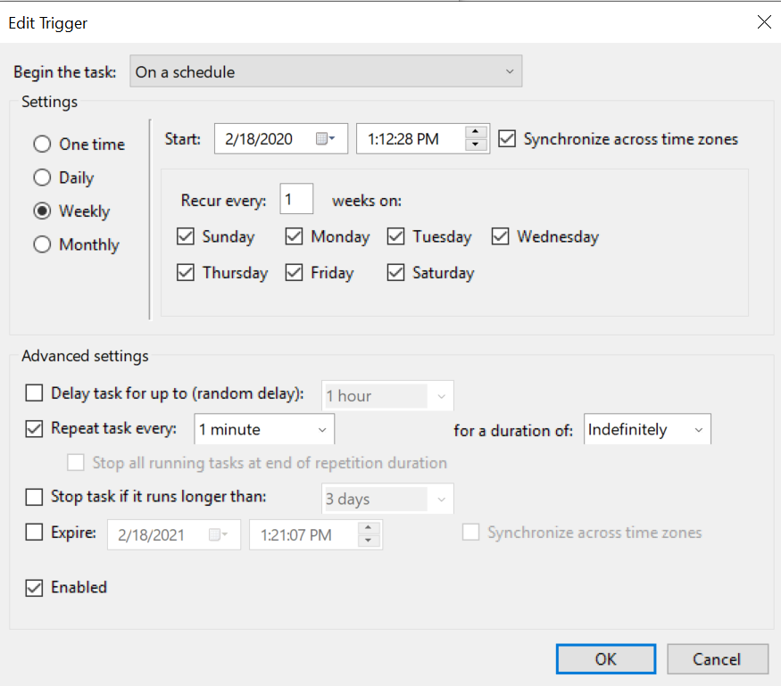 Windows task scheduler not running automatically at schedule time. 25f30379-3d95-4372-8c38-9c8323d47861?upload=true.png