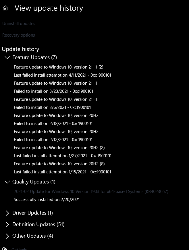 I haven't been able to upgrade Windows in 6 months. 20H2 and now 21H1 consistently fail... 26ffe961-0547-4d3c-a9db-55ec450d03aa?upload=true.png