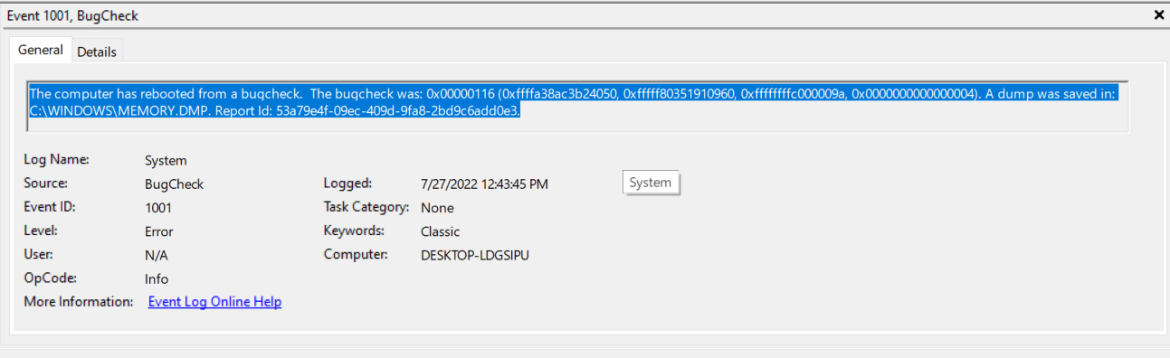 The computer has rebooted from a bugcheck.  The bugcheck was: 0x00000116... 293db6b2-765c-440c-9592-9c74ee1ebf5a?upload=true.png