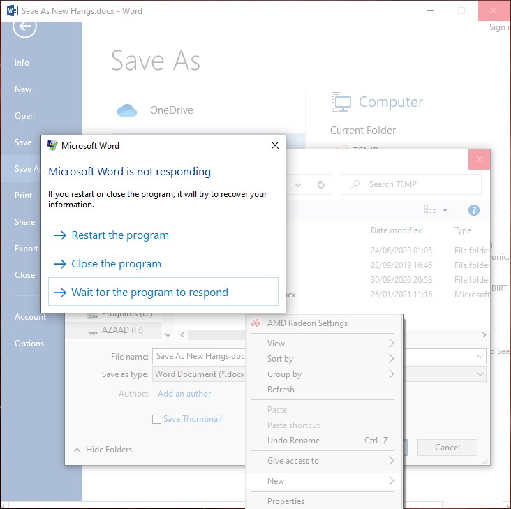 Right Click >"Save as" > "New Folder" - Creating New Folder Hangs in Windows 10 Pro 29c43a4b-aa70-4a5d-b3be-08258e356675?upload=true.jpg