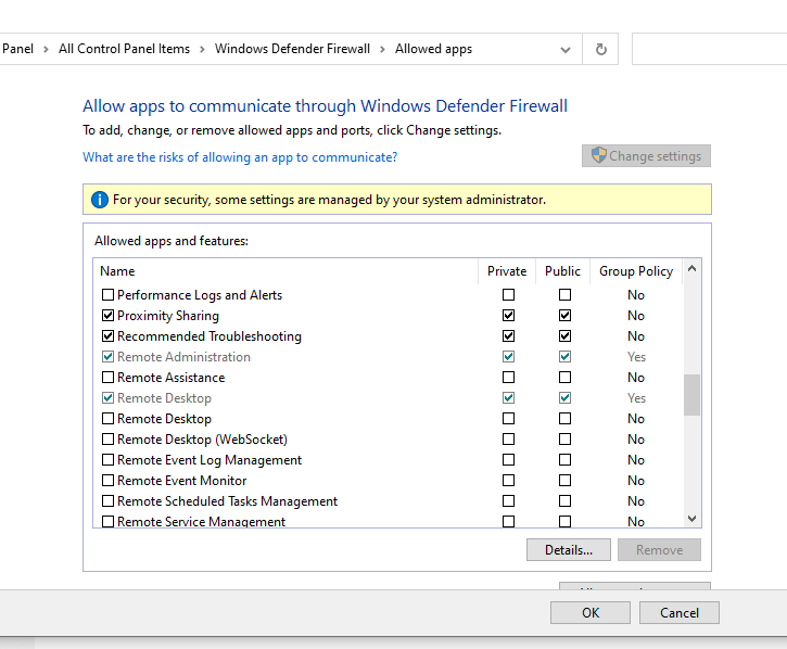 Allow apps to communicate through Windows Defender Firewall Greyed out under administrator... 2a53ffe8-bd5e-4570-b6d8-a661afbd69b1?upload=true.png