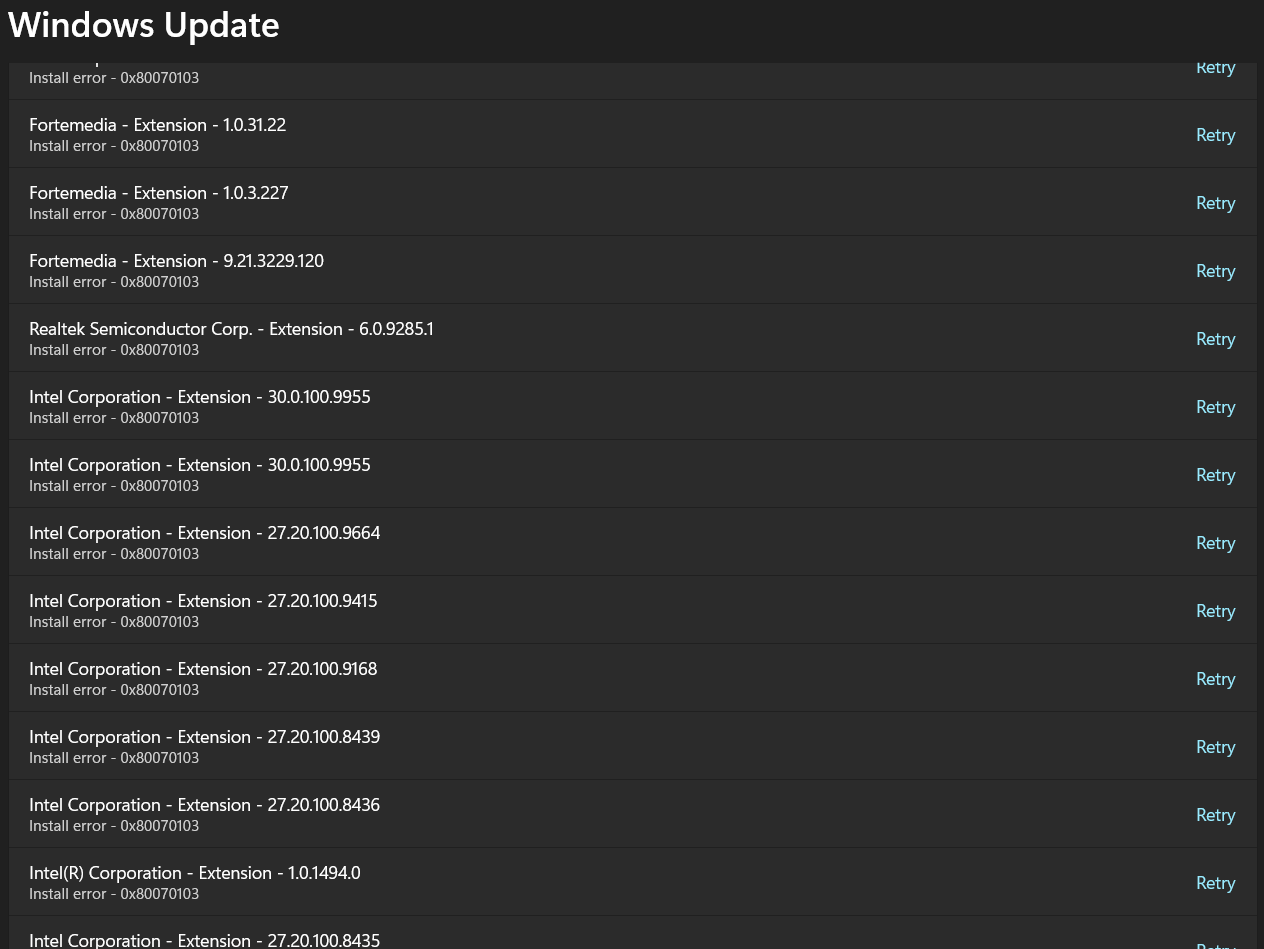 why i cant instel Intel Corporation - Display - 26.20.100.7325        eror 0X80070103 2baKe6z2P4E7H4dHzyei%2fsFA3LJc%2bJSz99vuujDBb09V0nuEvsTgk4DPvZB2A%2fNjMCdlGNApiQfKIoq%2fKKJJg%3d.png