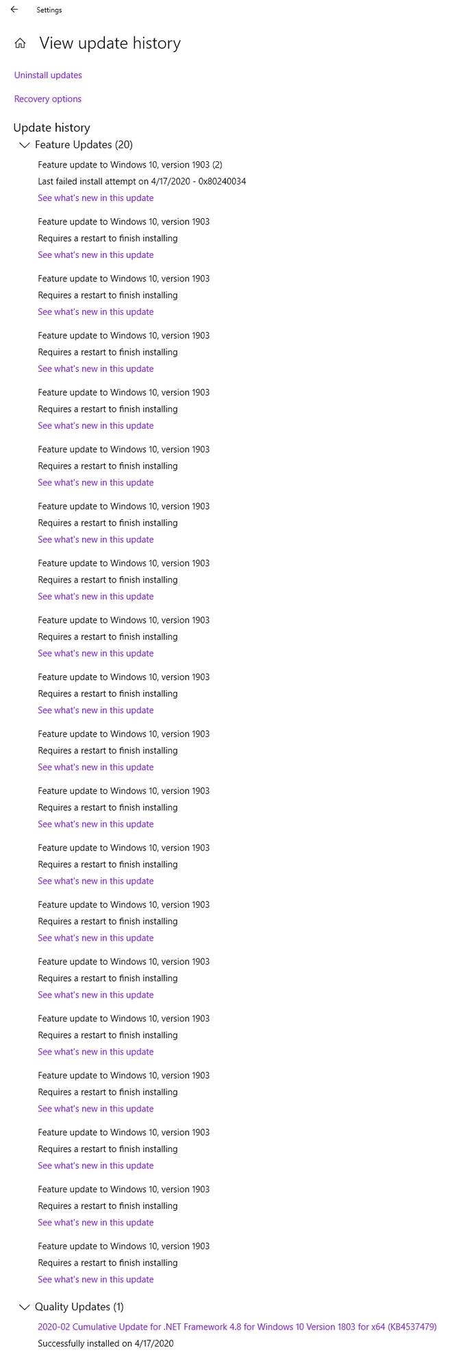 Win 10 will not upgrade to version 1903 no matter how many times updating and restarting 2c1bd5f8-9bea-43fb-aa5f-f3cb58ad2e04?upload=true.jpg