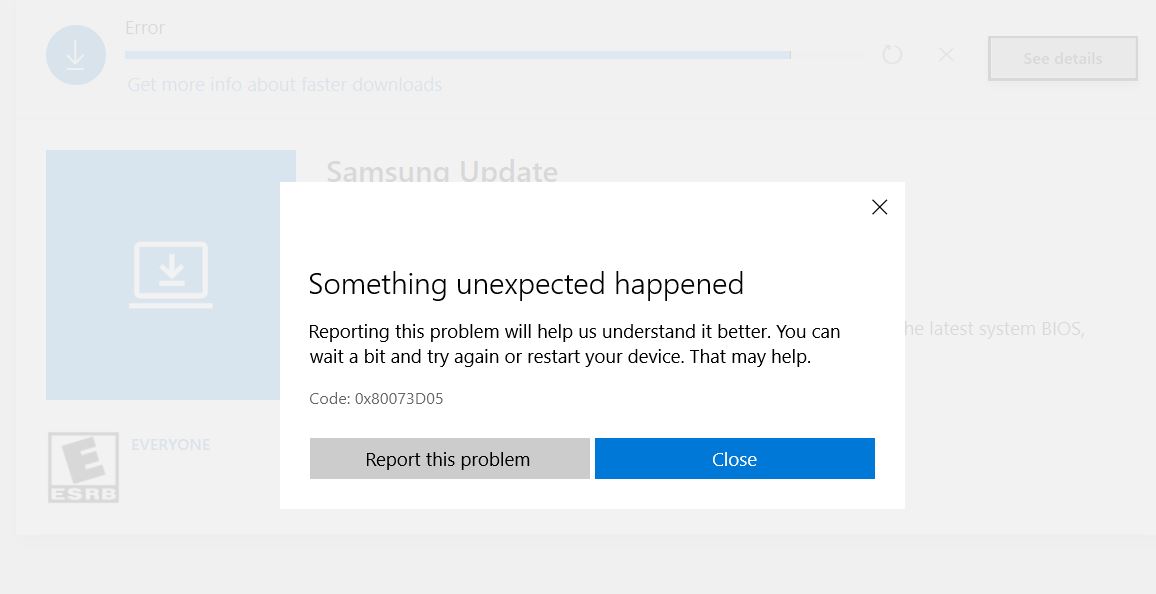 On Microsoft Store, the Samsung Update app won't download, error Code 0x80073D05 31a1d164-2156-42dc-8927-8118097cb6bd?upload=true.jpg