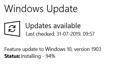 Windows feature upgrade 1903 has struck on 94%. 333050e7-53c8-440f-85fa-c21856d2318e?upload=true.png