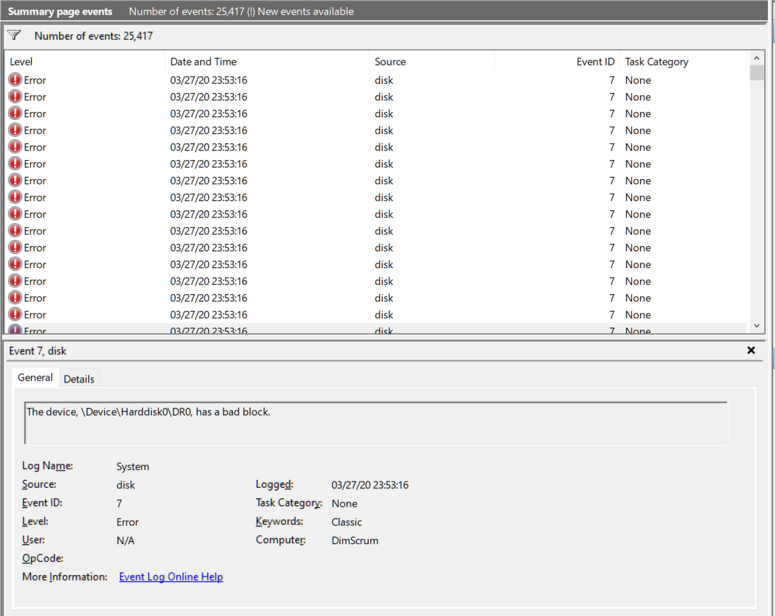 Event Id 7 - The device, \Device\Harddisk0\DR0, has a bad block - this was asked BUT... 33556004-ba70-444b-bdbb-802afee79946?upload=true.png