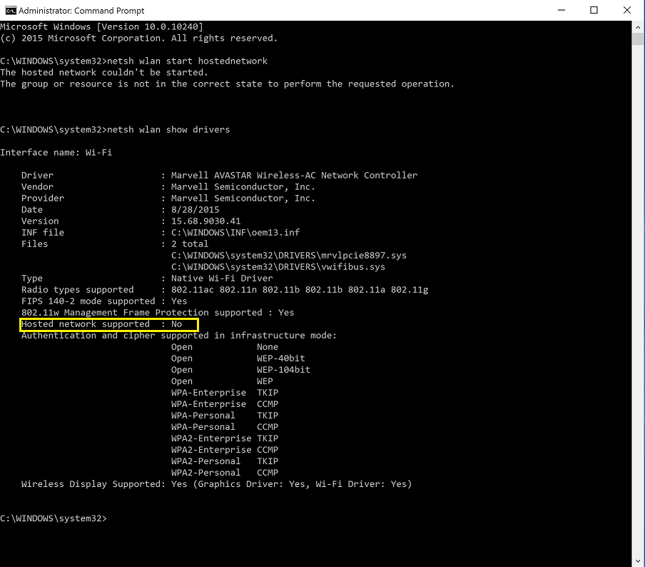 Command Prompt: Hosted Network Supported: No 3364839d-f4b4-4e4b-b31c-1e0a7981db9b?upload=true.png