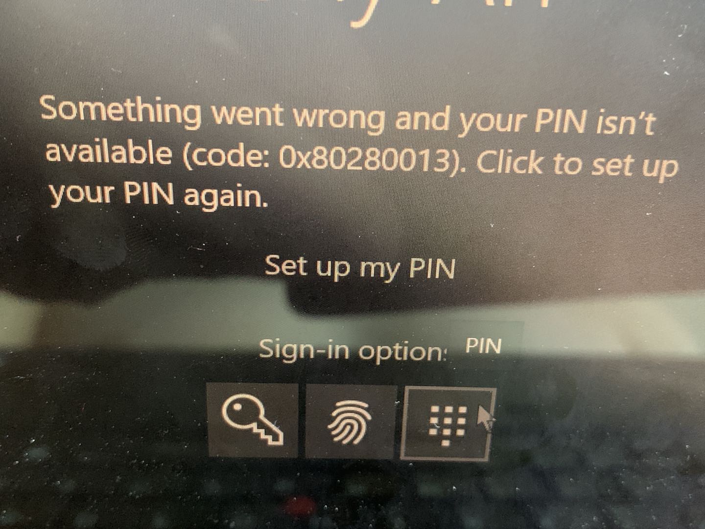 Received error code 0x80280013 when I try to login with my pin When I try to login with my... 33c2b75b-38fa-4653-96a3-0fd6e5a63469?upload=true.jpg