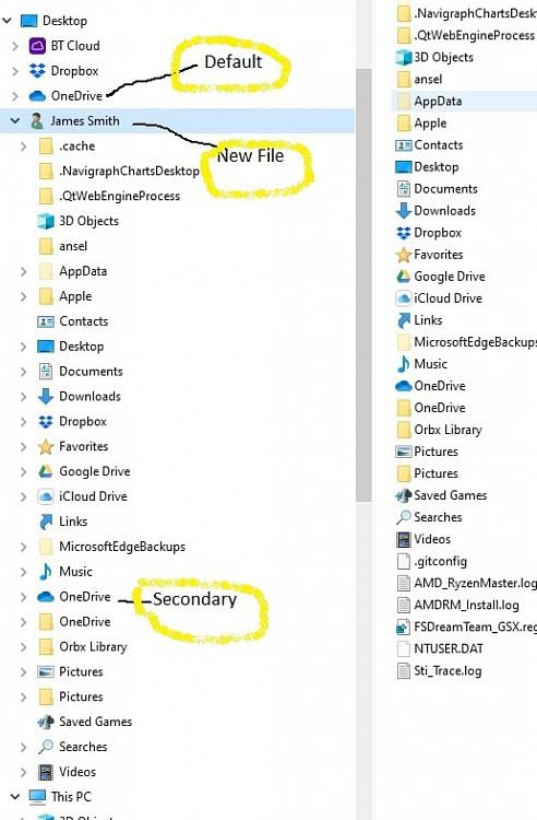 OneDrive: Trouble setting up a new laptop file path to match another device. 3434771t-two-paths-onedrive-screenprint-file-explorer-showing-new-james-smith-file-pic-1-cropped.jpg