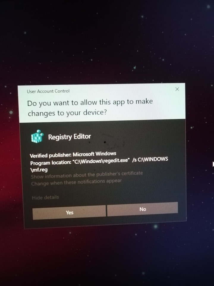 Registry editor pop up on every start Allow app to make change to your device 344f69d8-0d9f-43e1-9c14-7d97ca14e4ed?upload=true.jpg