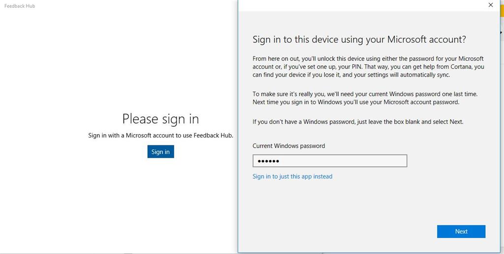logging into feedback hub with MS account and get an error message under settings and accounts 34aca58b-5e3b-44ad-b8cb-c3c58a759e40.jpg
