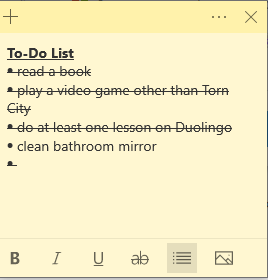 Sticky Notes - Having trouble with getting rid of strikethrough on bullet points. 353370d2-af3d-4f61-aac8-43b3e6ae4d96?upload=true.png
