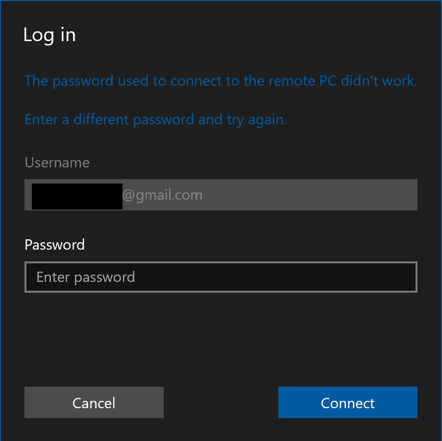 Remote Desktop won't accept login credentials