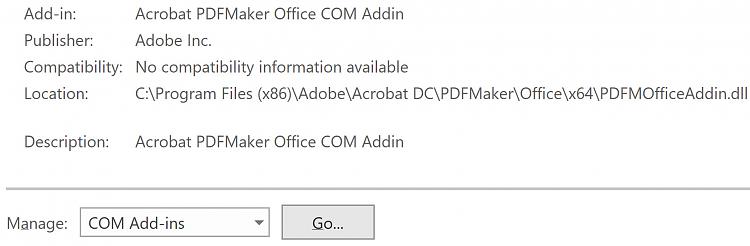 Can´t Open Excel Documents under Windows 11 & Office 2019 + Visio 2019 x64 366487d1652418229t-acrobat-pdfmaker-office-com-addin-missing-visio-2019-a-2022-05-13_1-48-33.jpg