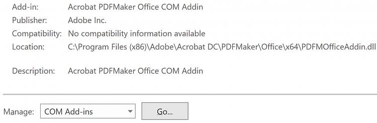 Can´t Open Excel Documents under Windows 11 & Office 2019 + Visio 2019 x64 366487d1652418229t-acrobat-pdfmaker-office-com-addin-missing-visio-2019-a-2022-05-13_1-48-33.jpg