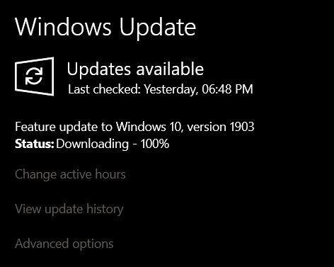Stucked at window 1903 feature update 100%. 37598ff4-91ad-41c1-91f8-b7bf23b3355d?upload=true.png