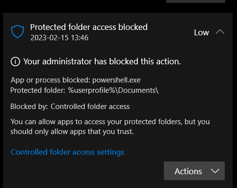 Unauthorized Change Blocked: Should I allow powershell.exe to access folders after enabling... 385776d1676465627t-unauthorized-changes-blocked-powershell-exe-skaermbild-2023-02-15-135332.png