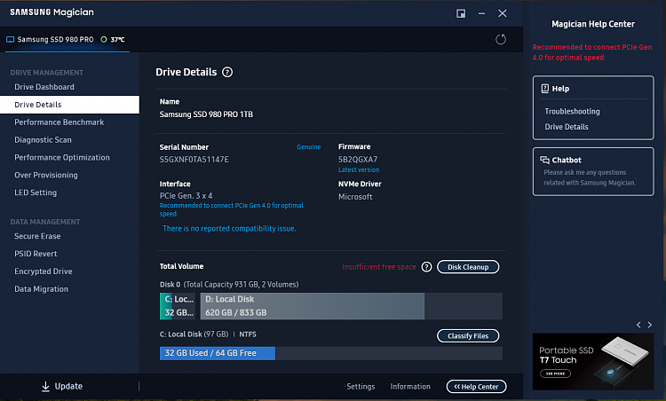My second ssd samsung 980 pro 2tb keeps disconnecting after using it for a while. Error... 386954d1677982242t-samsung-980-pro-samsung-magician-error-insufficient-free-space-untitled.png
