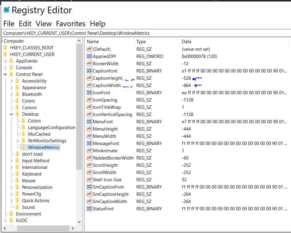 Caption Height & Width in the registry changes automatically 3967b8b0-63c7-4496-b9ff-39613f74f0c4?upload=true.png
