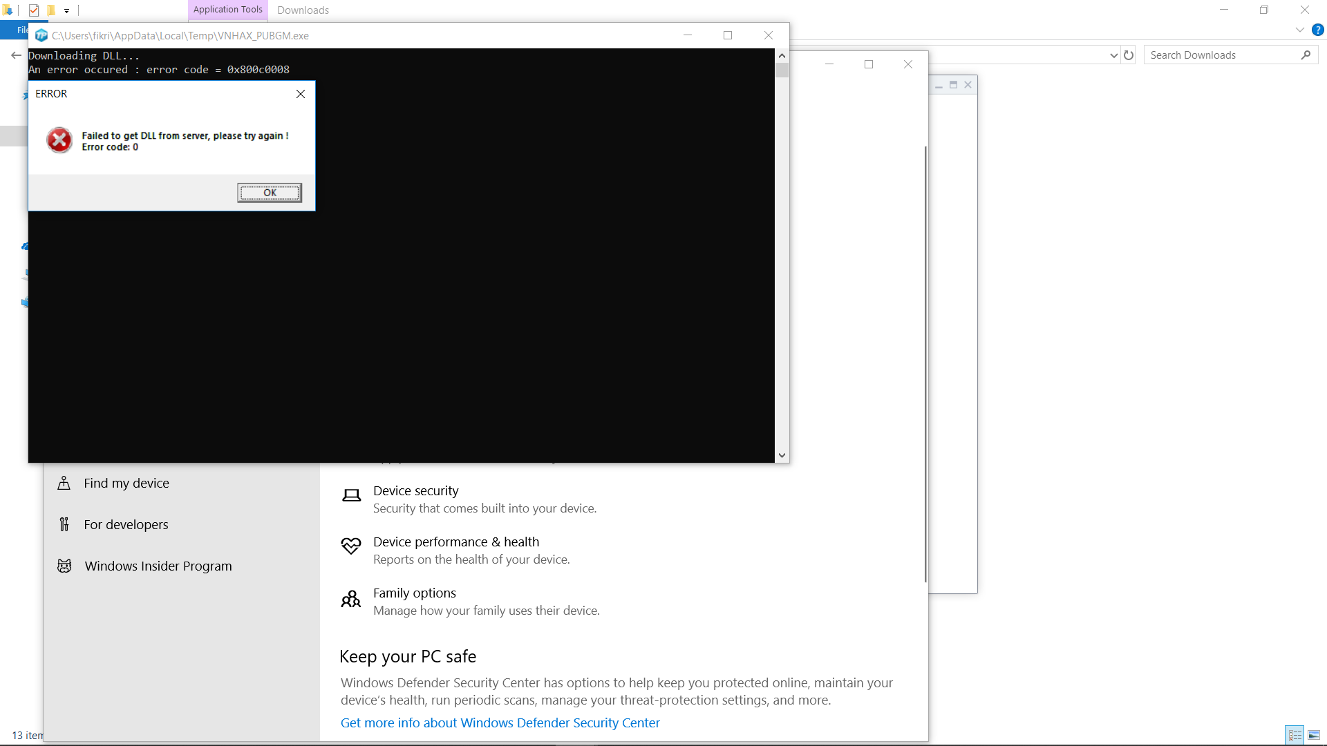 error in run " Downloading DLL... An error occured : error code = 0x800c0008 " 39db7720-e63e-4c28-9099-313f2b9d9b70?upload=true.png