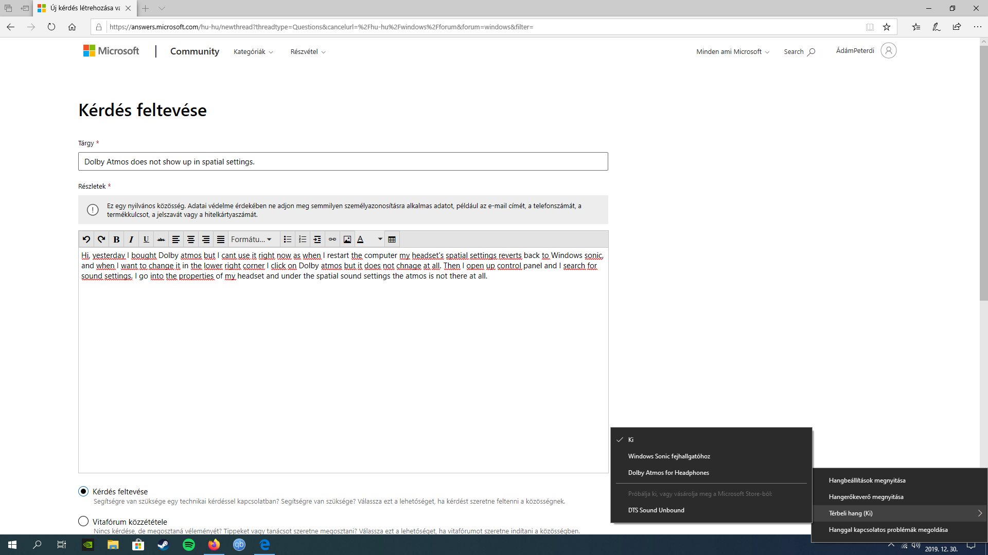 Dolby Atmos does not show up in spatial settings. 39f6e6fe-99af-4286-8fd5-0d22a150f4d6?upload=true.png
