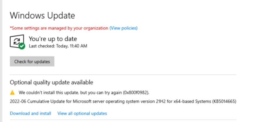 Windows update error 0x800f0982 when installing KB5031364 on Windows Server 2022. 3a0e763f-5af1-49fd-9852-2e58a3415ad8?upload=true.png