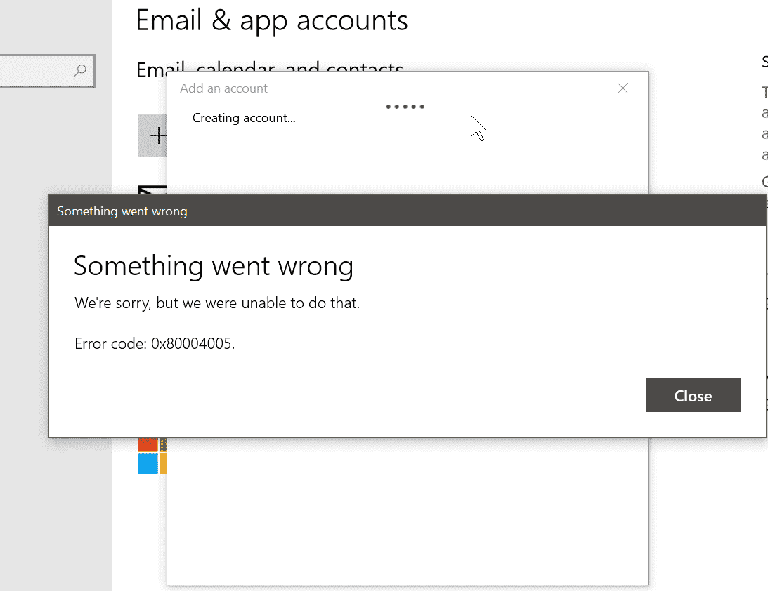 When adding google account I get 0x80004005 as an error. 3af961d8-39c1-407b-b12f-a6fa457c7911?upload=true.png