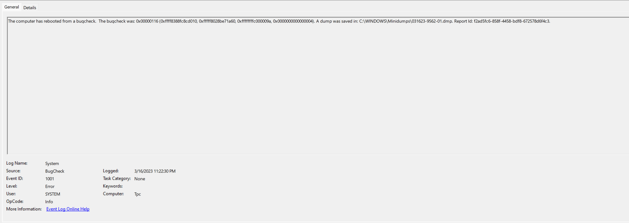 Random system reboot from bugcheck 0x00000116 3b80c6d6-be55-4984-897f-e2339134dea9?upload=true.png