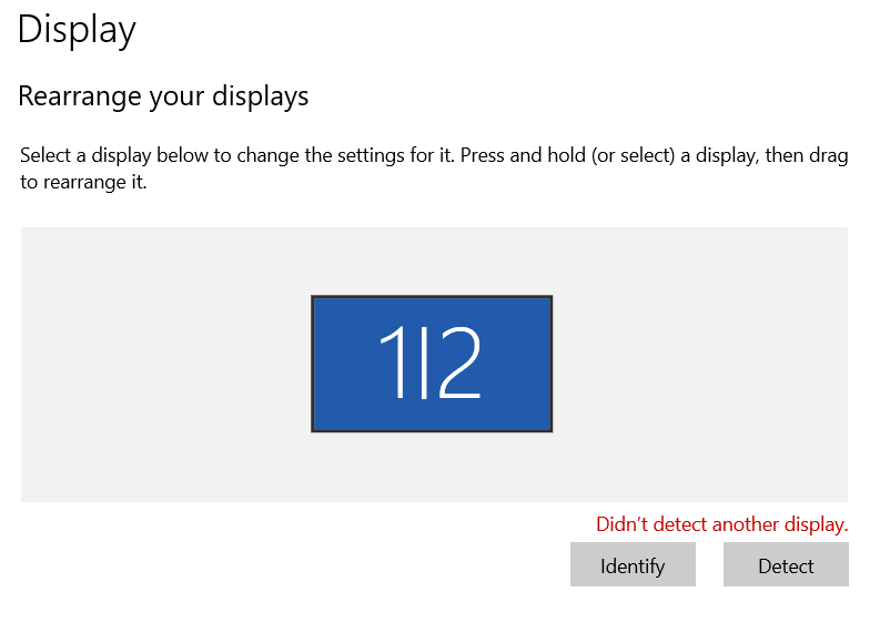 Only one display detected. HDMI connection second display does show up but only for mirroring. 3cf01cd6-65d1-4a35-b3de-06a4263d8495?upload=true.png