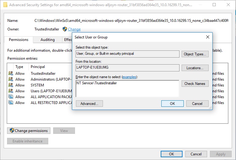 Windows 10 Home - Changing "TrustedInstaller" to "Administrator" to edit or remove items. 3d556a82-da7a-4eee-b33e-e1d45bd761c3?upload=true.jpg