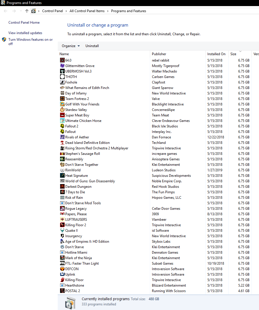 Programs and Features is giving an incorrect and strange storage size on a majority of... 3da186a8-d555-4ce9-946a-48c6c7fc66e2?upload=true.png