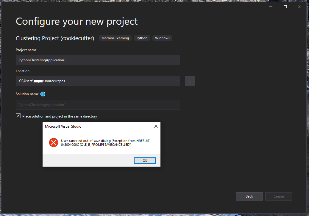 Unable to start a machine learning python project. Visual Studio 2019 Community Edition. 3eb42822-74cc-4b96-8930-36a6ae3c8d0e?upload=true.png