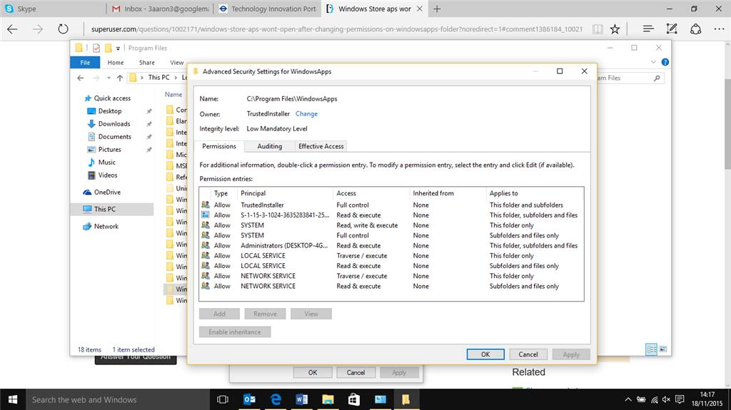 Changed permission to open windowsApps folder now none of the apps work and System restore... 3edfc0b5-164b-4b69-8221-6765d73de486.png