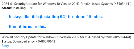 I have 530MB WinRE partition and 100% free but still I am getting KB5034441 -Error 0x80070643. 405363d1707684844t-regarding-kb5034441-0x80070643-error-er.png