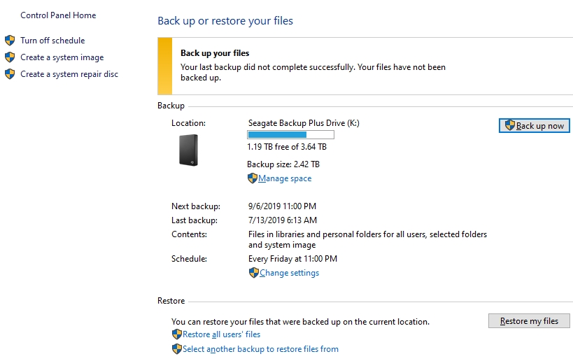 After installing Win 10 Vers 1903 most of the links (for Clicking) in Backup and Restore... 41f507de-ed73-4766-949f-d28556259cd0?upload=true.jpg