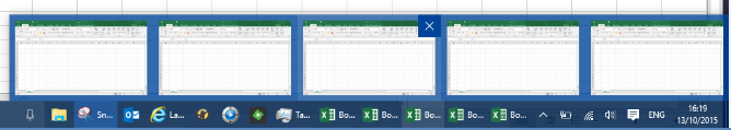 When attempting to "restore down" an Excel Workbook, the workbook appears to disappear. 42553d1485958189t-some-but-not-all-excel-workbooks-appear-taskbar-exceliconsnotgrouped.png