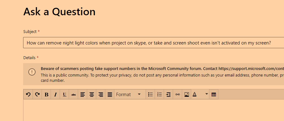 How can remove night light colors when project on skype, or take and screen shoot even... 42af84aa-6b7f-4fed-b6b4-a9577d9ecbbb?upload=true.jpg