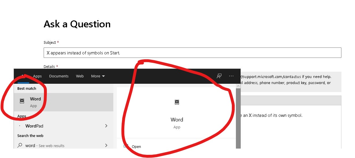 X appears instead of symbols on Start. 4446b24a-fcc8-4132-b80f-11962d658707?upload=true.jpg