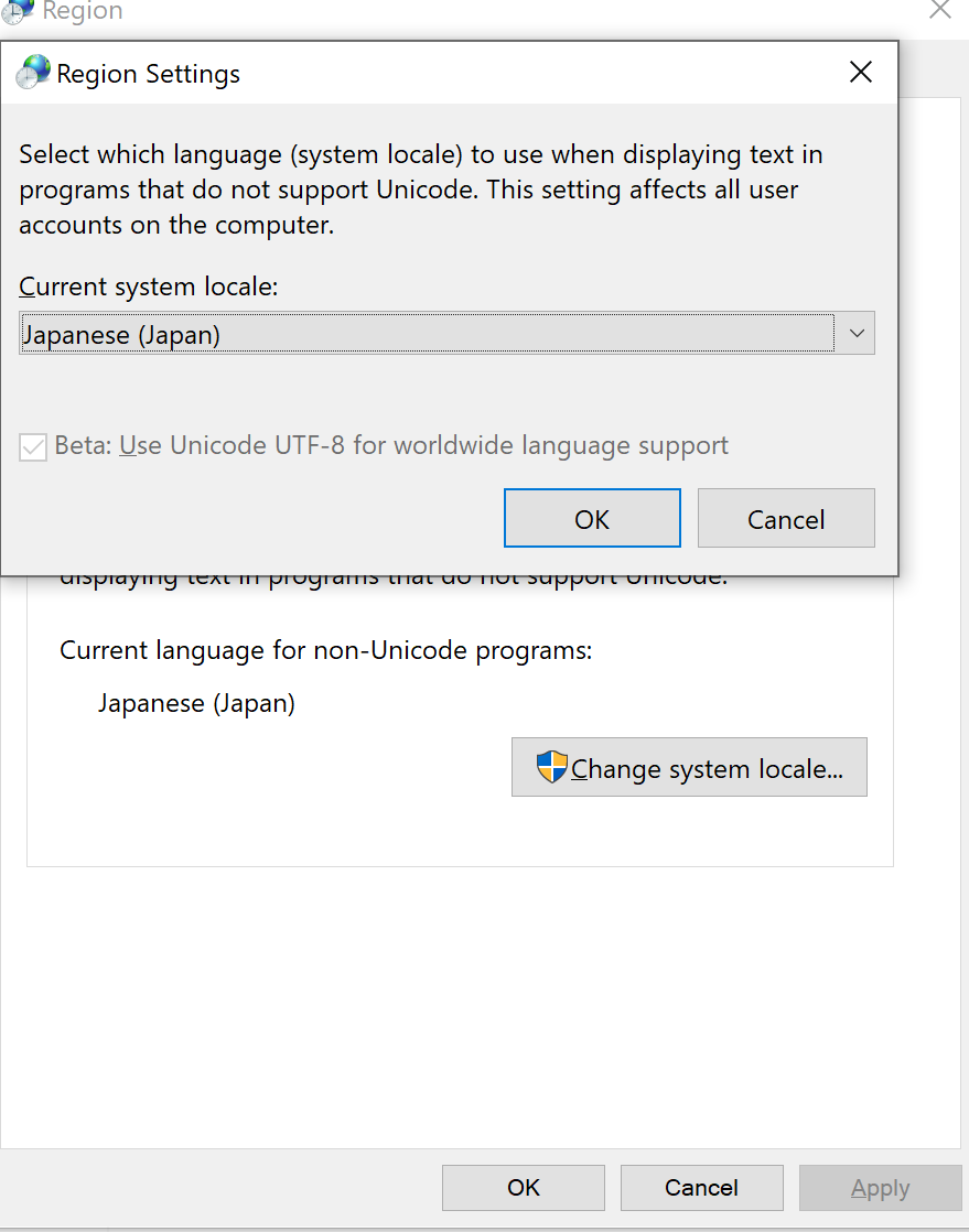 System Locale, "Beta: Use Unicode UTF-8 for worldwide language support" several... 46c84ff5-8c86-4c21-997d-8c7bdc390a00?upload=true.png