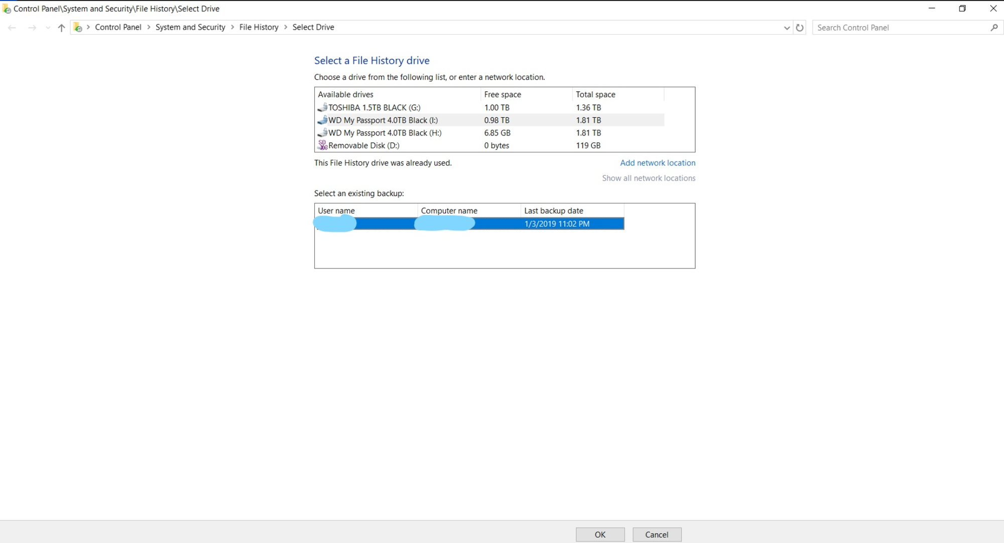 Unable to re-engage File History backup.  Error: Reselect your File History drive -We found... 47799b79-1d1f-4774-9637-068942ea5999?upload=true.png