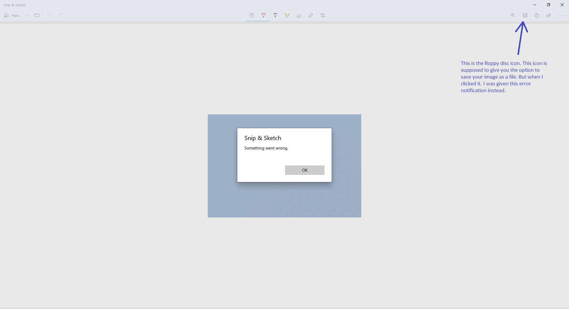 Snip & Sketch reports error notification "Something Went Wrong" when attempting to save... 494983a3-1d95-4497-ad87-56d35da85857?upload=true.png