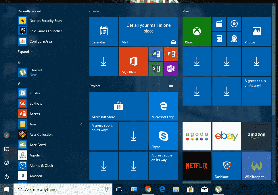 Windows Start Menu tiles showing a download logo
