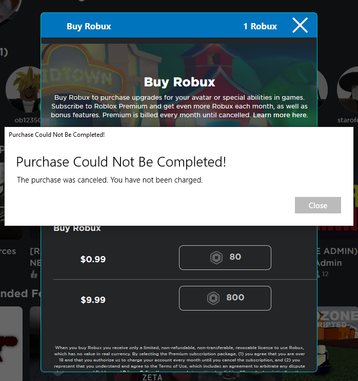 Purchase Could Not Be Completed Roblox - 0 0 roblox buy robux