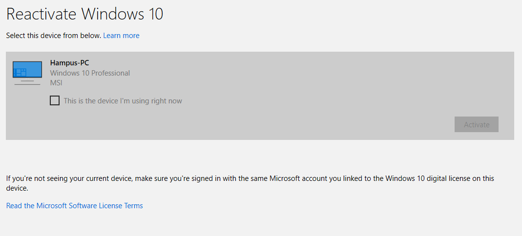 Can not find my new computer in device list when trying to reactivate Windows 10. 4d9b2c96-dd2a-4094-8250-abc34964c81b?upload=true.png