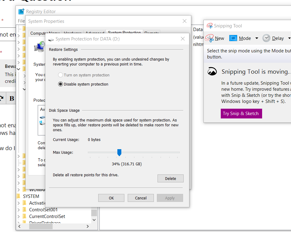 I cannot enable system Protection to create a restore point 4e8115ce-8d4a-4d5c-972d-dbf0fbad5c7c?upload=true.png