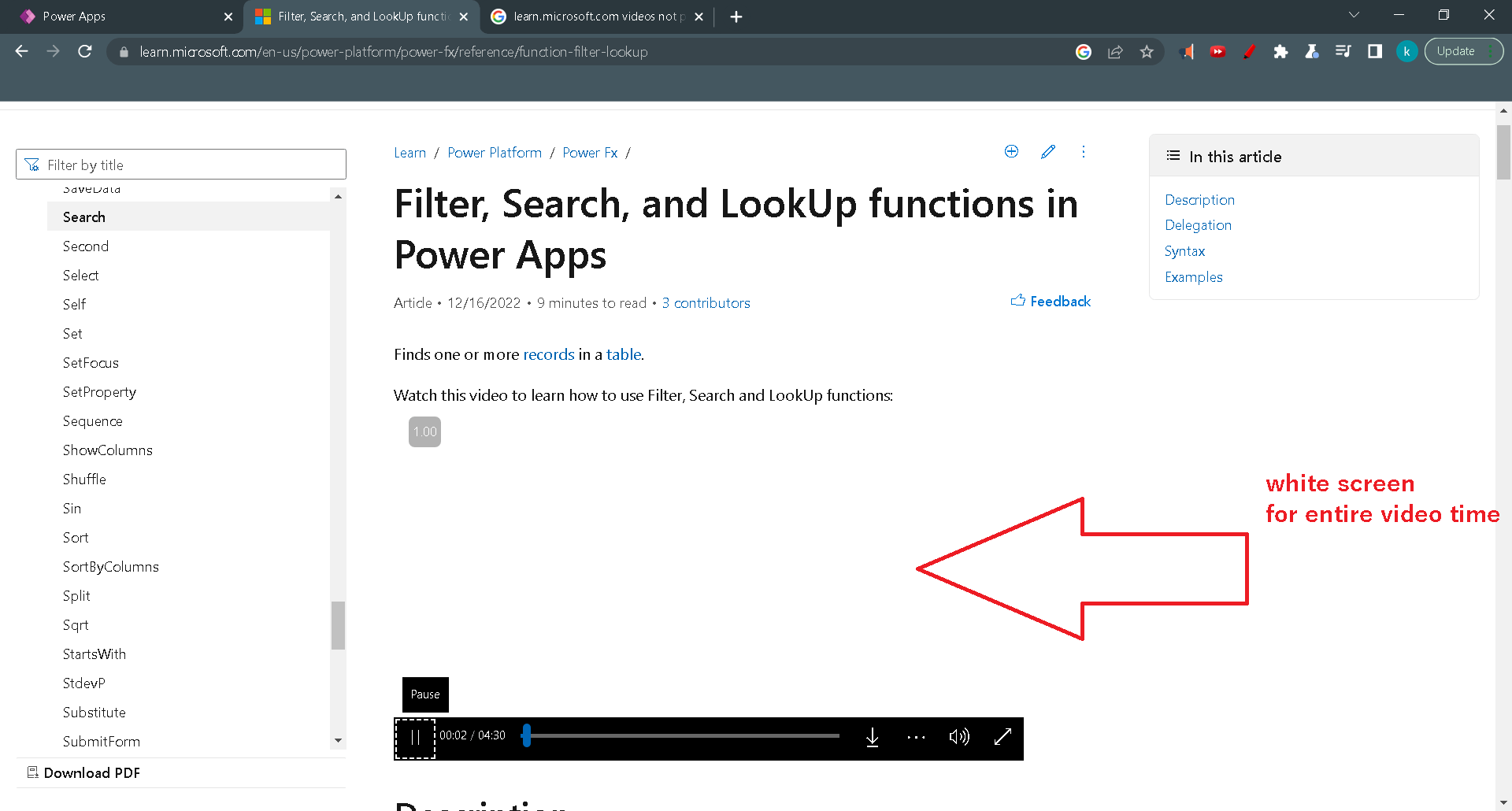 learn.microsoft.com videos play with white screen no video only audio 50038782-569c-454e-bb88-1ebb20d58a25?upload=true.png