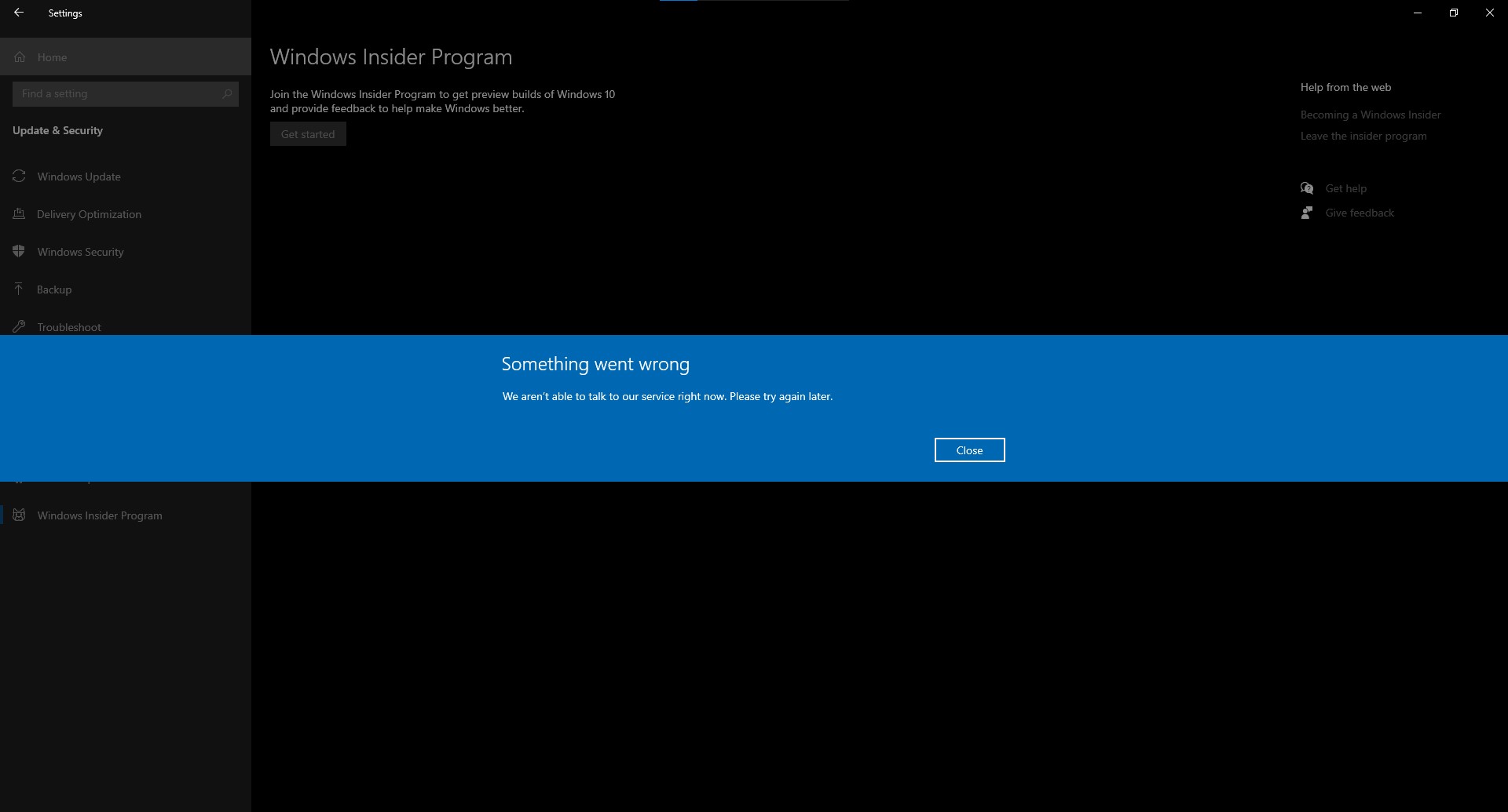 Windows insider get started not working error