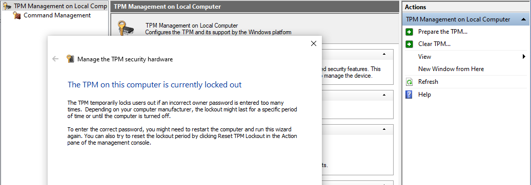 The TPM is defending against dictionary attacks and is in a time-out period. 5289029c-2cb5-4c93-b470-4e65fbd69abe?upload=true.png
